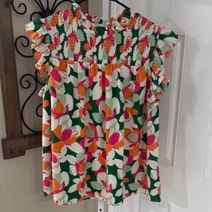 BiBi Floral Smocked Ruffle Blouse - Green/Orange/Pink